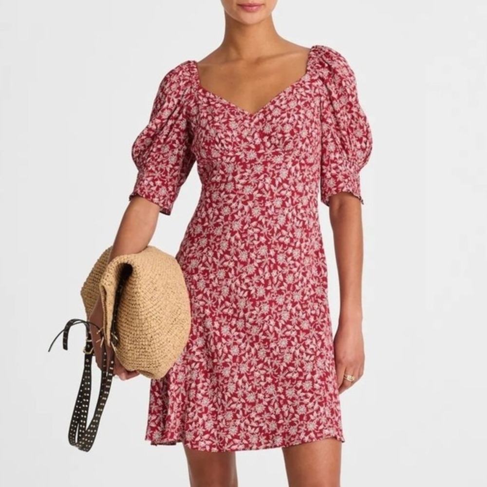 Madewell Floral Puff Sleeve Mini Dress 2 Red Cottagecore Sweetheart Smocked Back